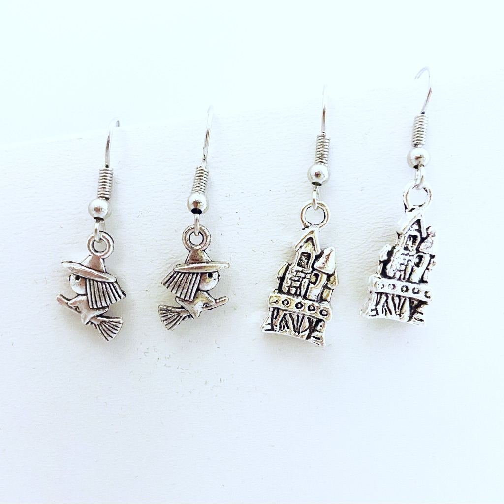 Earrings Halloween Witch Broomstick Haunted House 2 Pk Silver Tone Goth